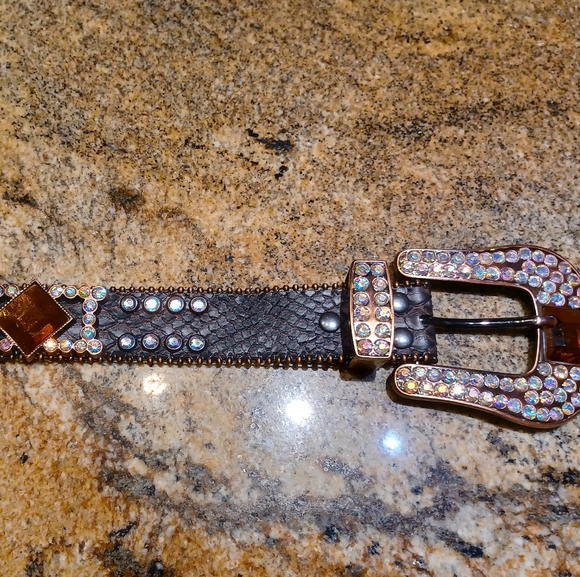 Buckle Bling Rhinestone Rose Gold Hardware Brown Snakeprint Leather Belt NEW - Picture 5 of 11